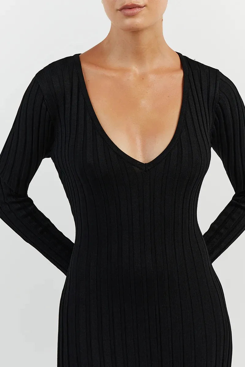 Elyra Ribbed V-Neck Midi Dress