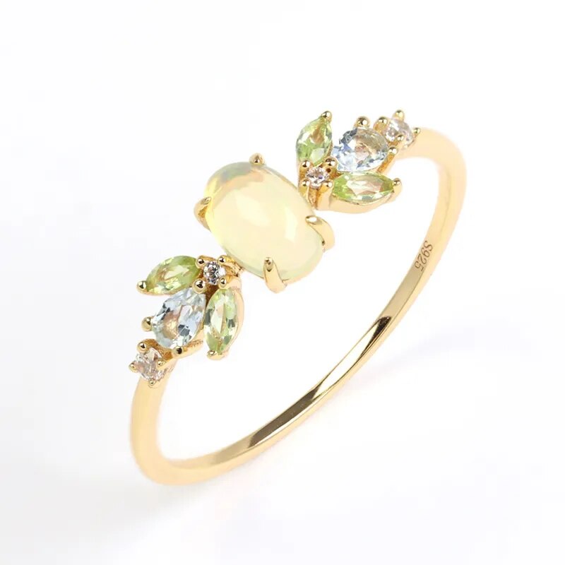 LAMOON Vintage Natural Opal Rings For Women Topaz Peridot Gemstone Ring Forest Elf Ring 925 Sterling Silver Gold Plated Jewelry