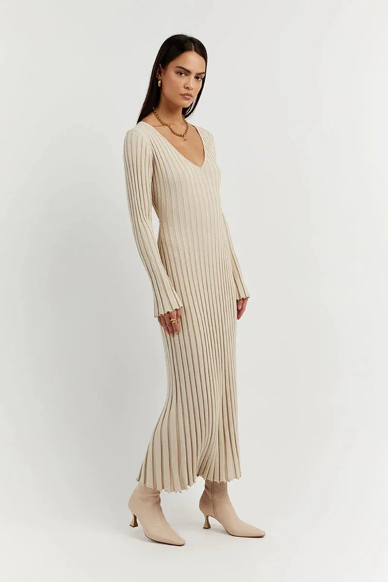 Elyra Ribbed V-Neck Midi Dress