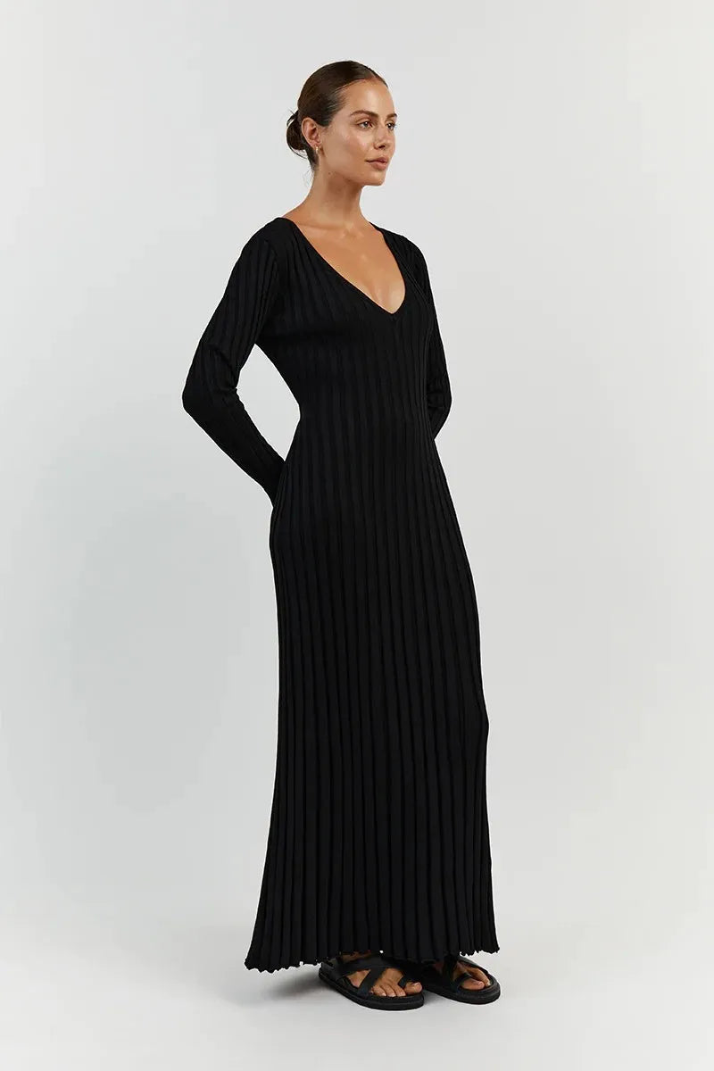 Elyra Ribbed V-Neck Midi Dress