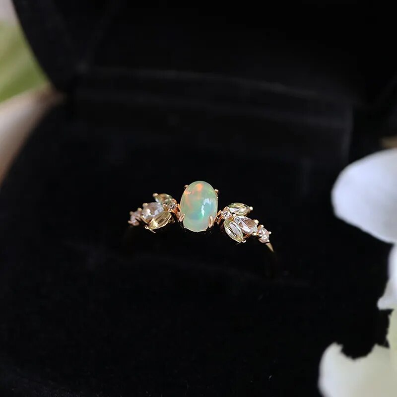 LAMOON Vintage Natural Opal Rings For Women Topaz Peridot Gemstone Ring Forest Elf Ring 925 Sterling Silver Gold Plated Jewelry