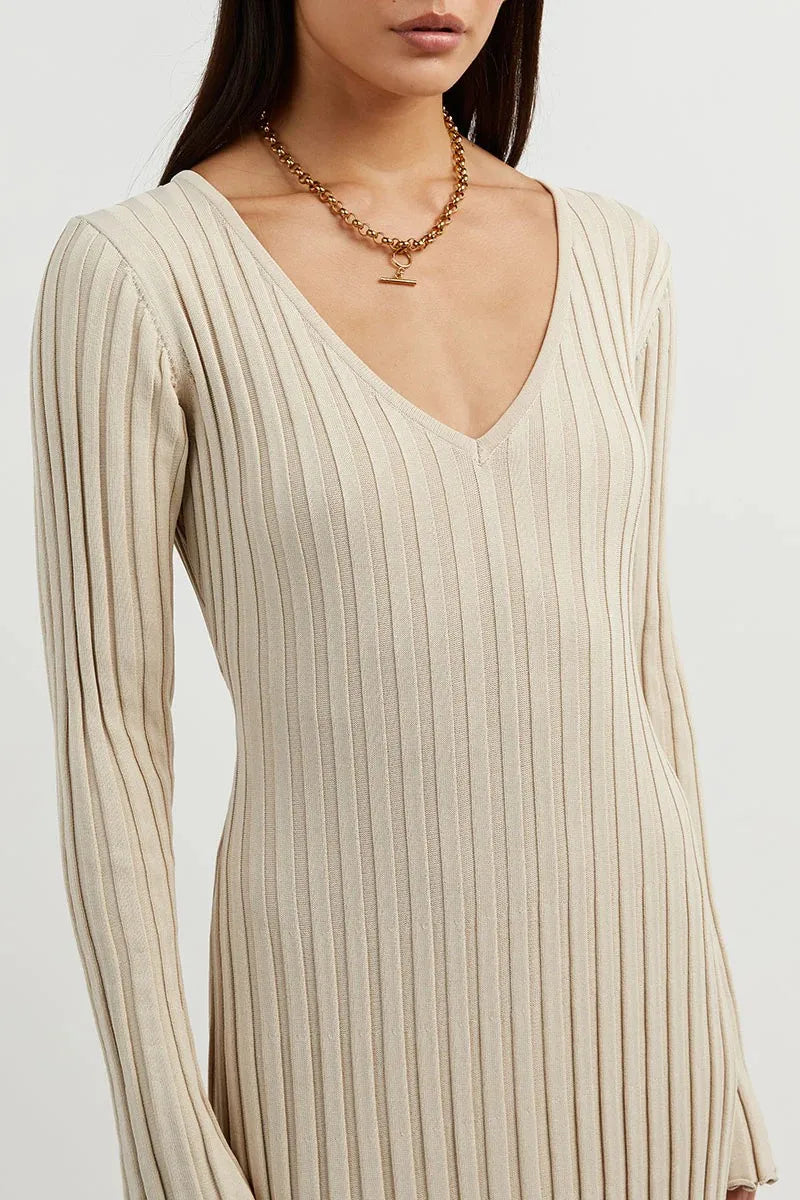 Elyra Ribbed V-Neck Midi Dress