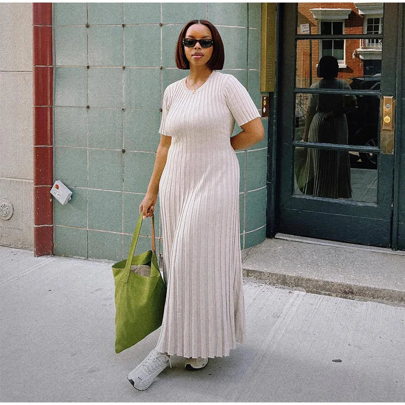 Solid Knitted Women Long Dress Short Sleeve Pleated Lady Dresses 2024 Fashion Spring Summer Hip Package O Neck Female Vestidos