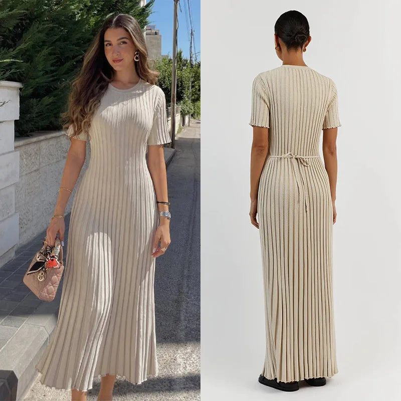 Solid Knitted Women Long Dress Short Sleeve Pleated Lady Dresses 2024 Fashion Spring Summer Hip Package O Neck Female Vestidos