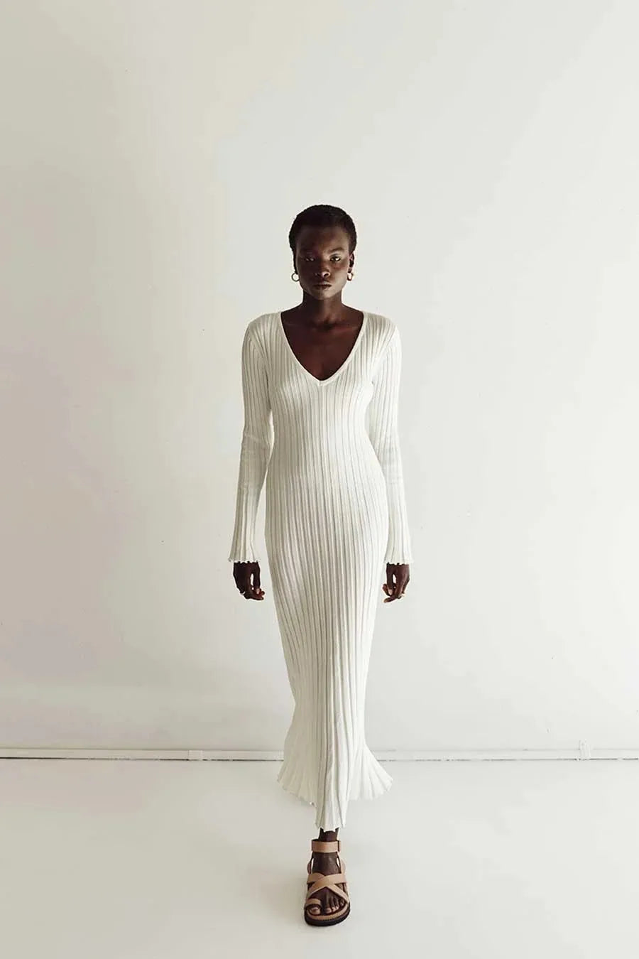 Elyra Ribbed V-Neck Midi Dress