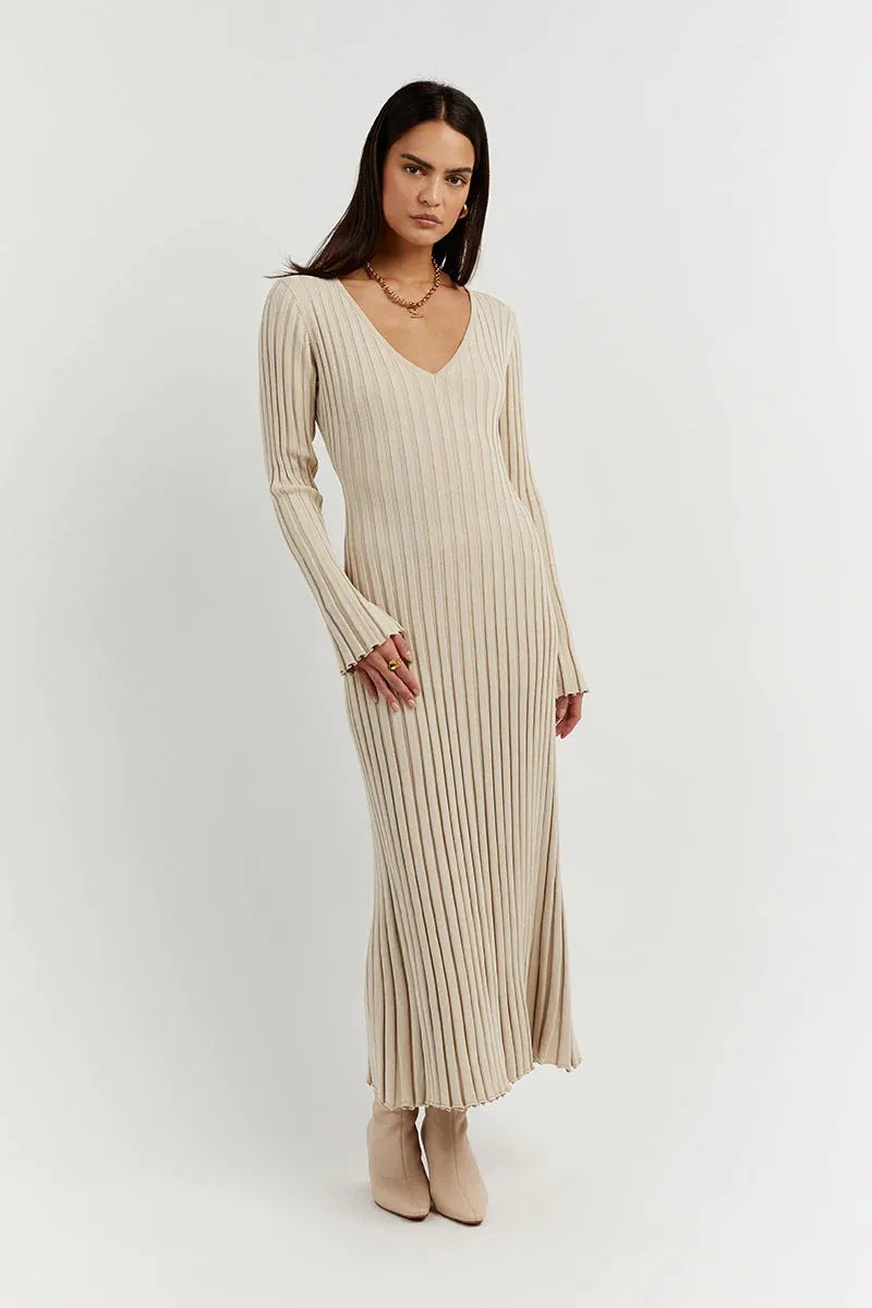 Elyra Ribbed V-Neck Midi Dress