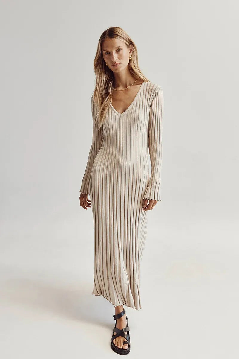 Elyra Ribbed V-Neck Midi Dress