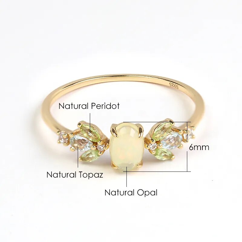 LAMOON Vintage Natural Opal Rings For Women Topaz Peridot Gemstone Ring Forest Elf Ring 925 Sterling Silver Gold Plated Jewelry