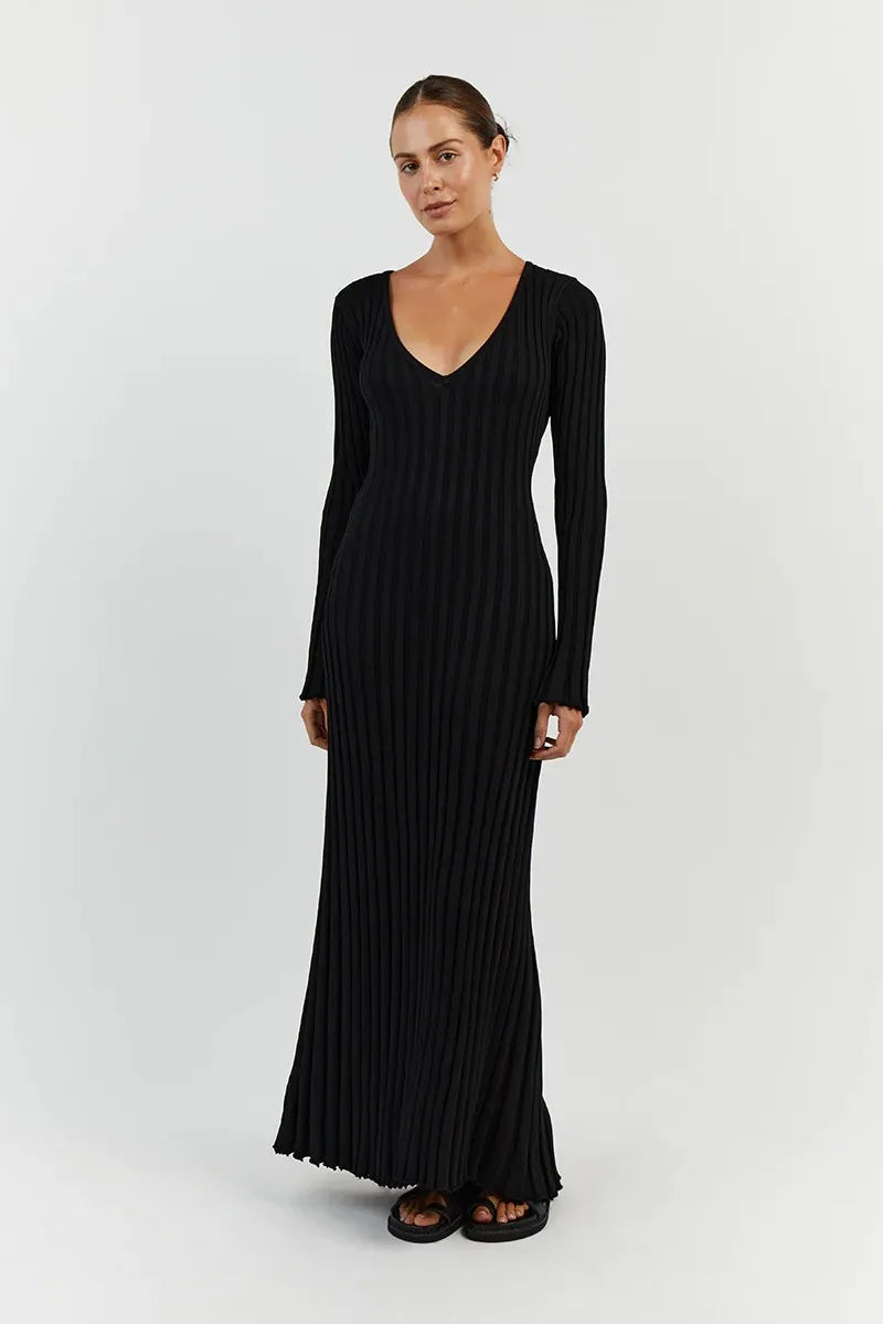 Elyra Ribbed V-Neck Midi Dress