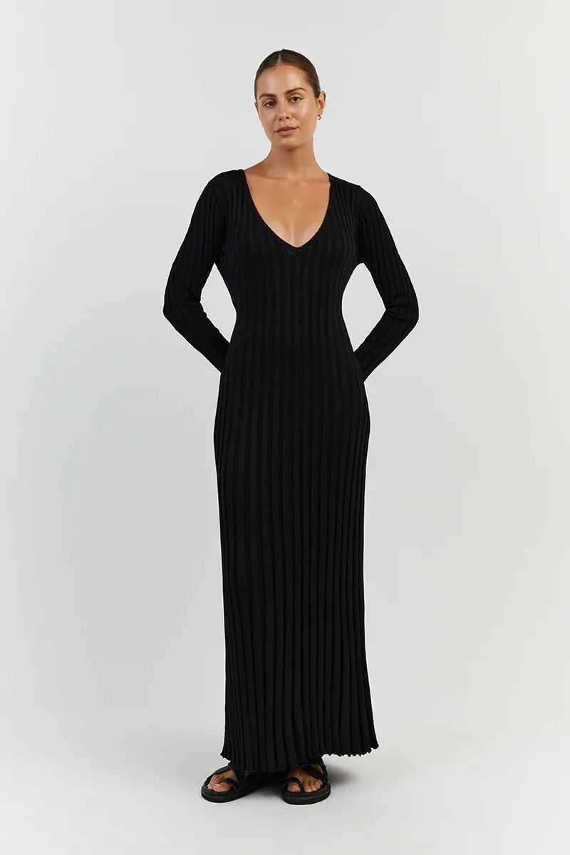 Elyra Ribbed V-Neck Midi Dress