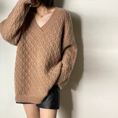 Oversized Diamond Weave V-Neck Sweater