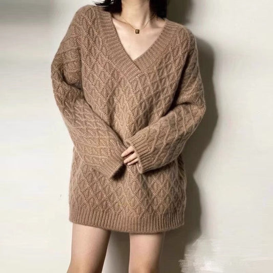 Oversized Diamond Weave V-Neck Sweater