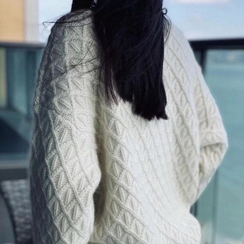 Oversized Diamond Weave V-Neck Sweater