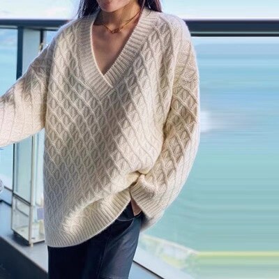 Oversized Diamond Weave V-Neck Sweater