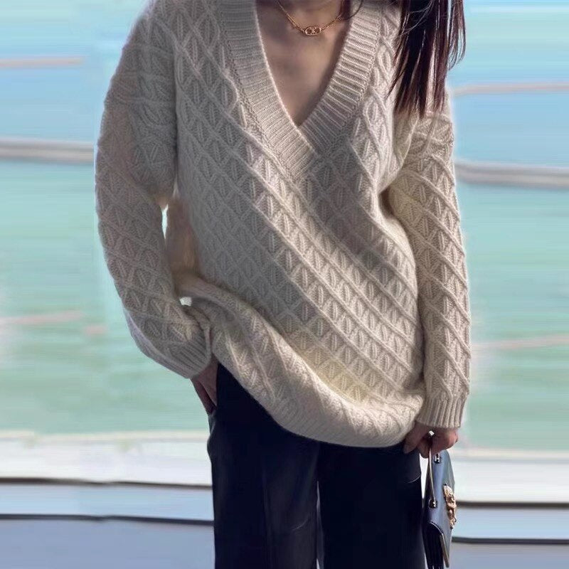 Oversized Diamond Weave V-Neck Sweater