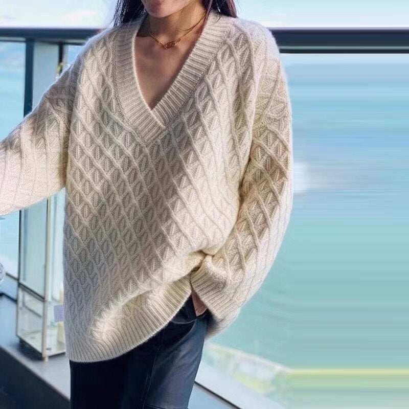 Oversized Diamond Weave V-Neck Sweater