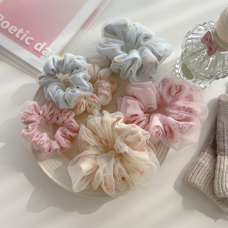 floral organza hair scrunchie blue cream and pink