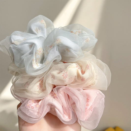 floral organza hair scrunchie blue cream and pink