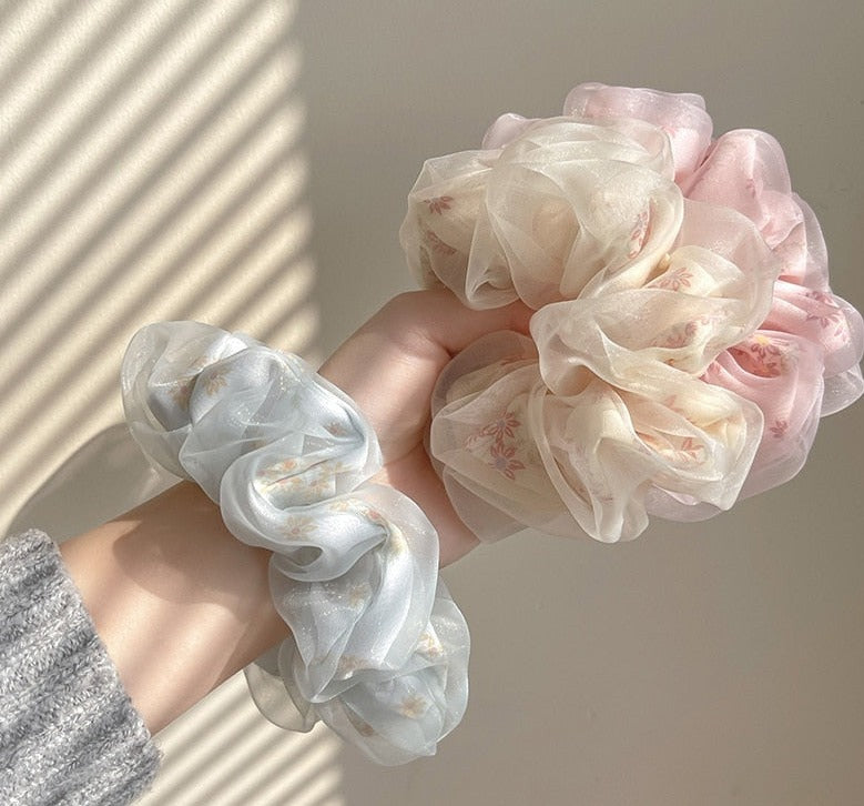 floral organza hair scrunchie blue cream and pink